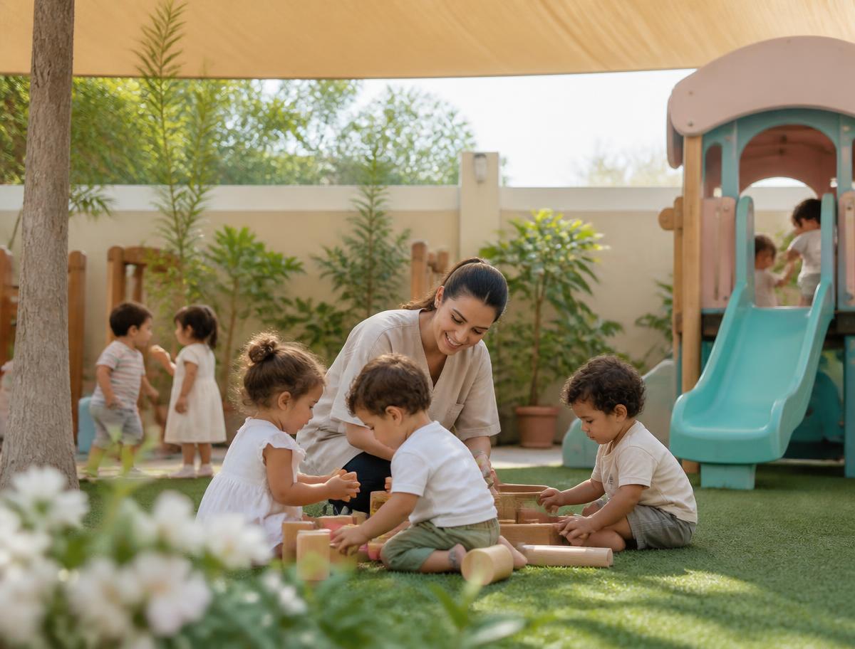 Children playing in the shaded outdoor garden